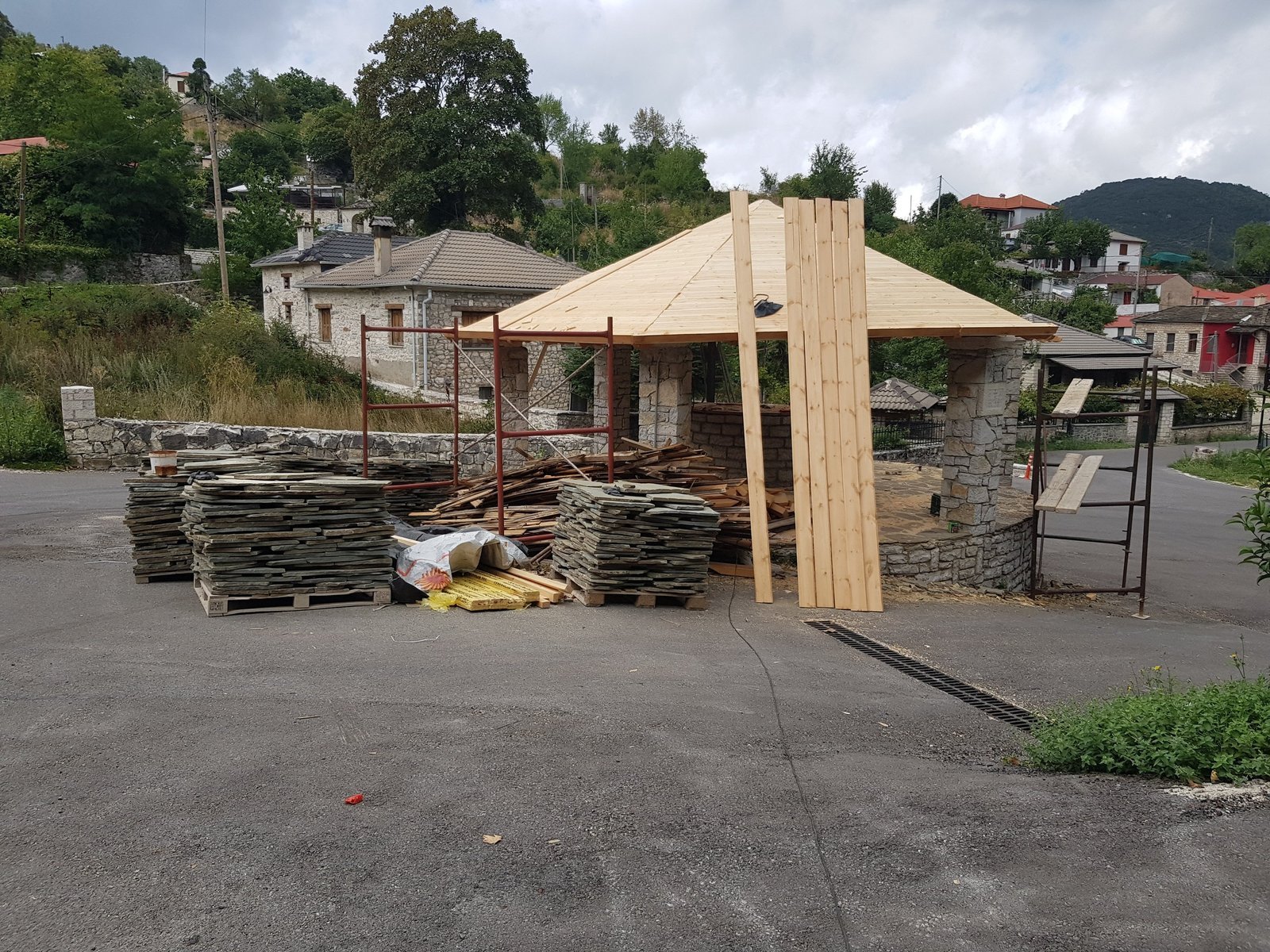 Stone pavilion under construction